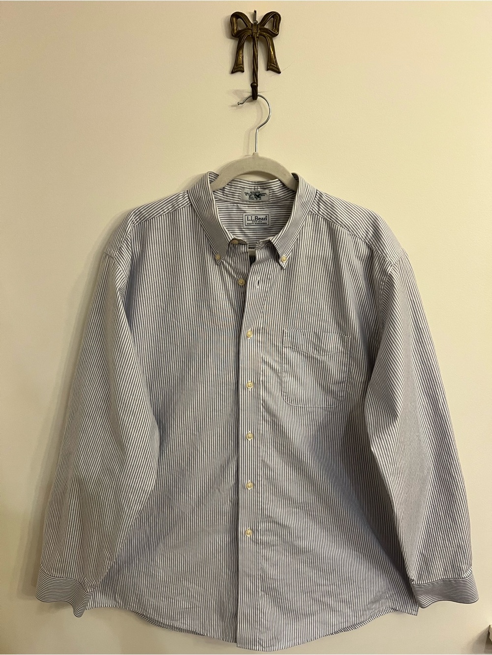 LL Bean Dress Casual 17-34 Purple Stripe Button Up 100% Cotton Shirt